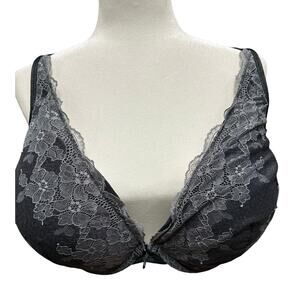 Cacique Bra Boost Plunge Black Gray lace overlay Adjustable strap 50 C